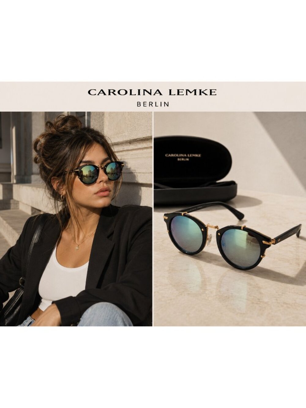 Carolina Lemke Berlin CL7405-4 Black Gold Blue Mirrored Sunglasses UV400